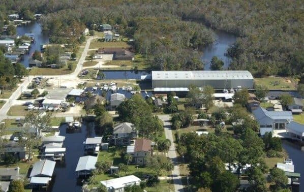 Aerial view of Suwannee, Florida rural community
